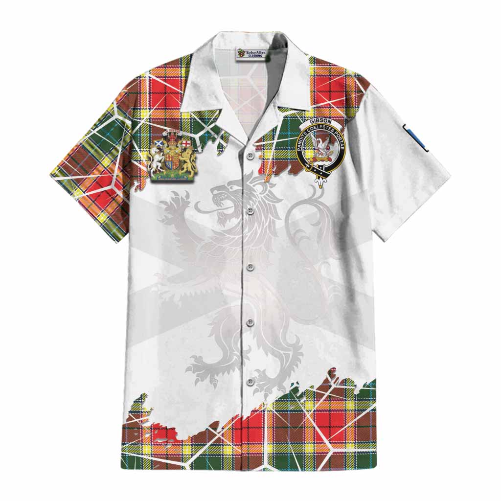Gibson (Gibbs or Gibsone) Tartan Cotton Hawaiian Shirt with Family Crest and Lion Rampant Grunge Style
