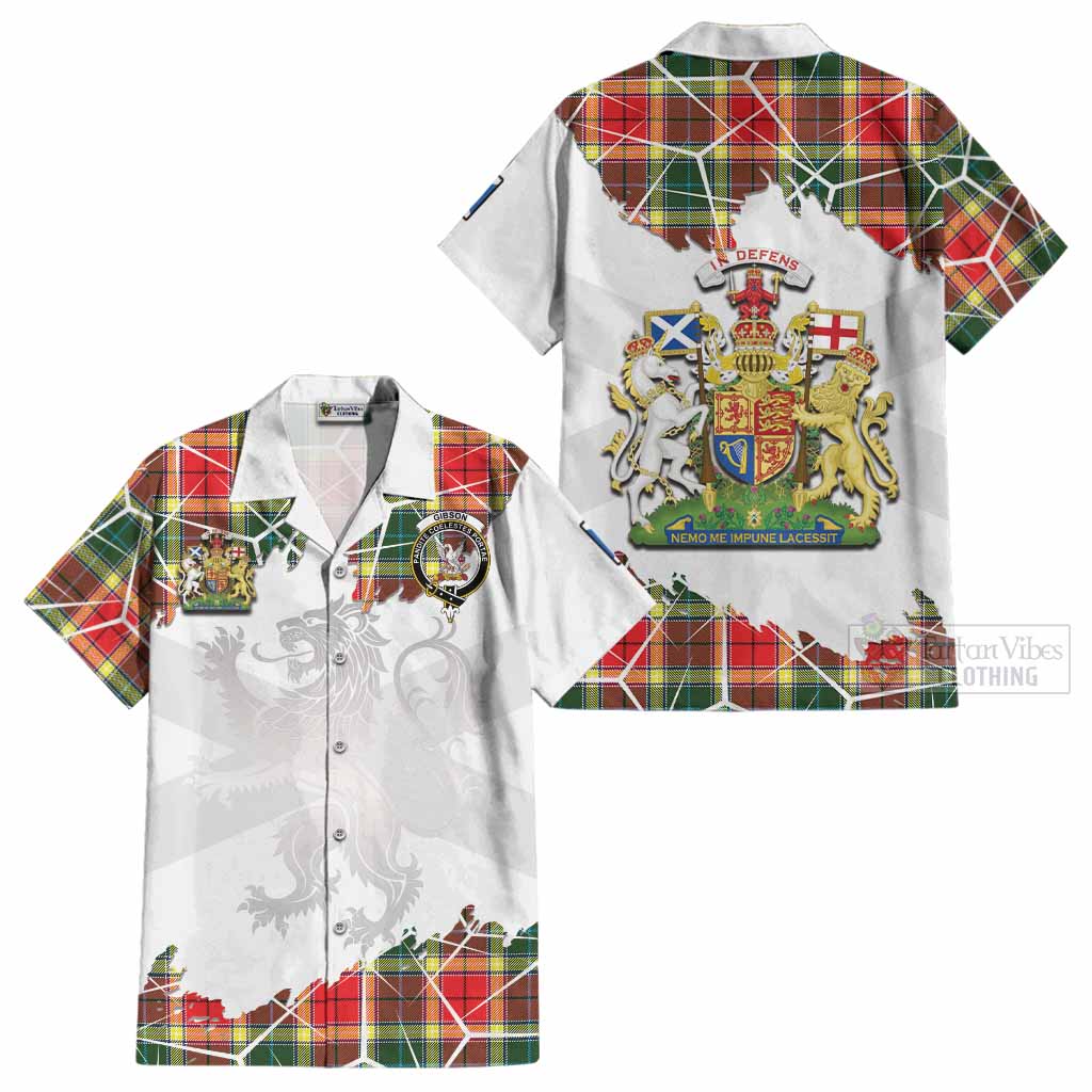 Gibson (Gibbs or Gibsone) Tartan Cotton Hawaiian Shirt with Family Crest and Lion Rampant Grunge Style