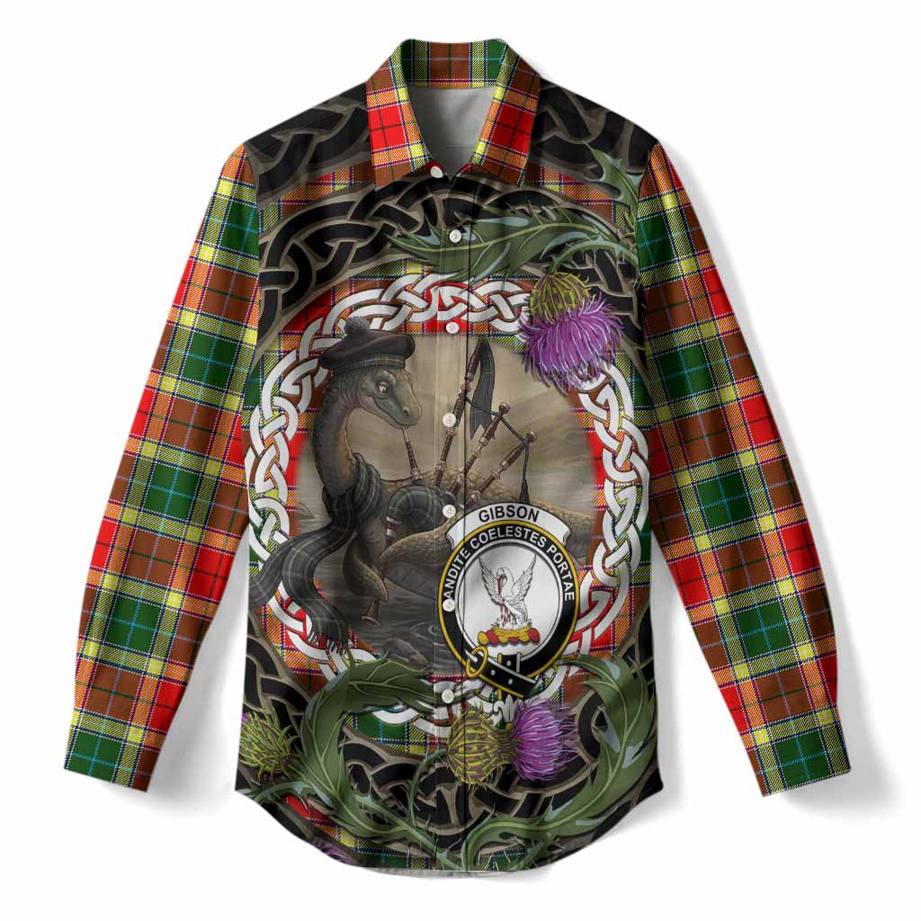 Gibson (Gibbs or Gibsone) Tartan Crest Bagpipe Nessie Women Casual Shirt Scottish Loch Ness Monster Celtic Thistle