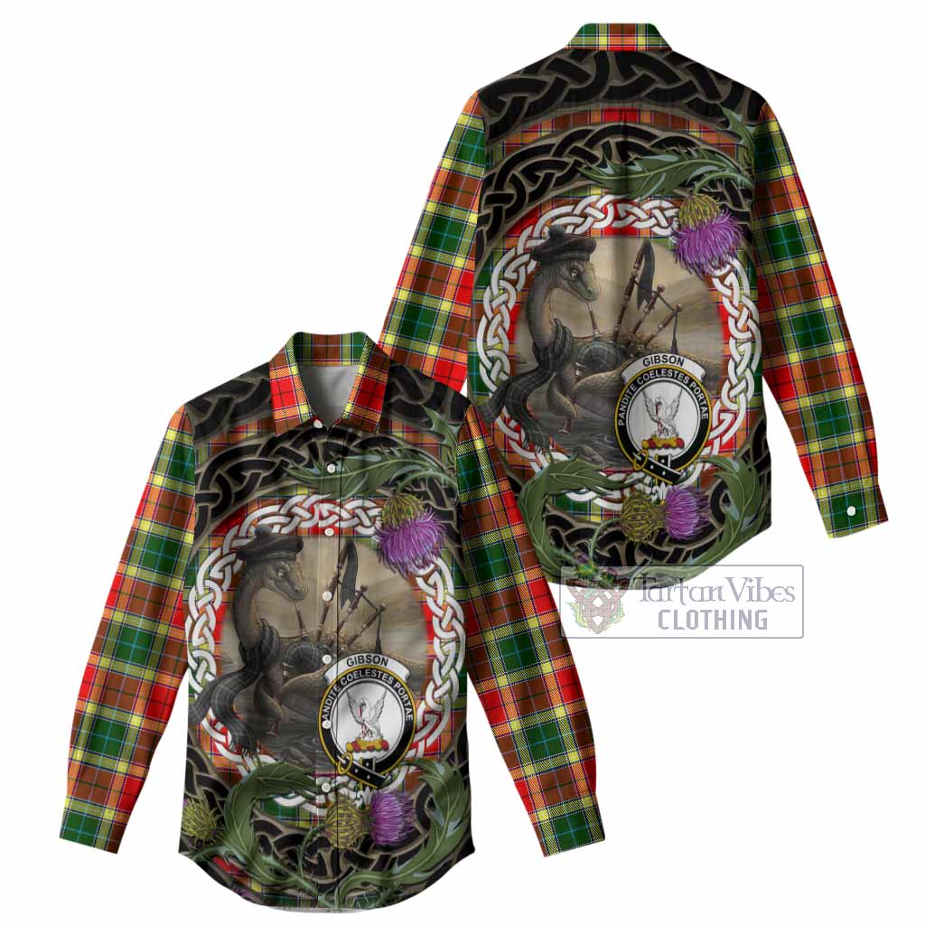 Gibson (Gibbs or Gibsone) Tartan Crest Bagpipe Nessie Women Casual Shirt Scottish Loch Ness Monster Celtic Thistle