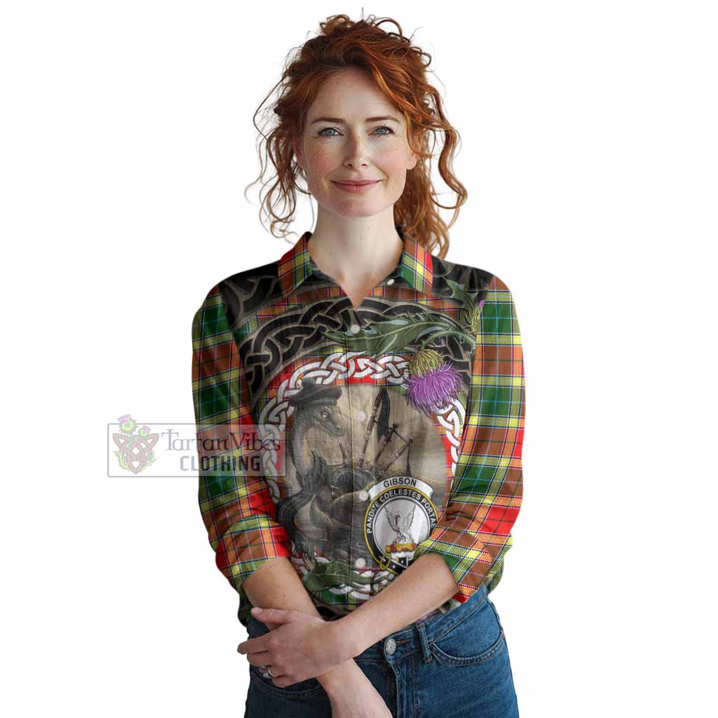 Gibson (Gibbs or Gibsone) Tartan Crest Bagpipe Nessie Women Casual Shirt Scottish Loch Ness Monster Celtic Thistle