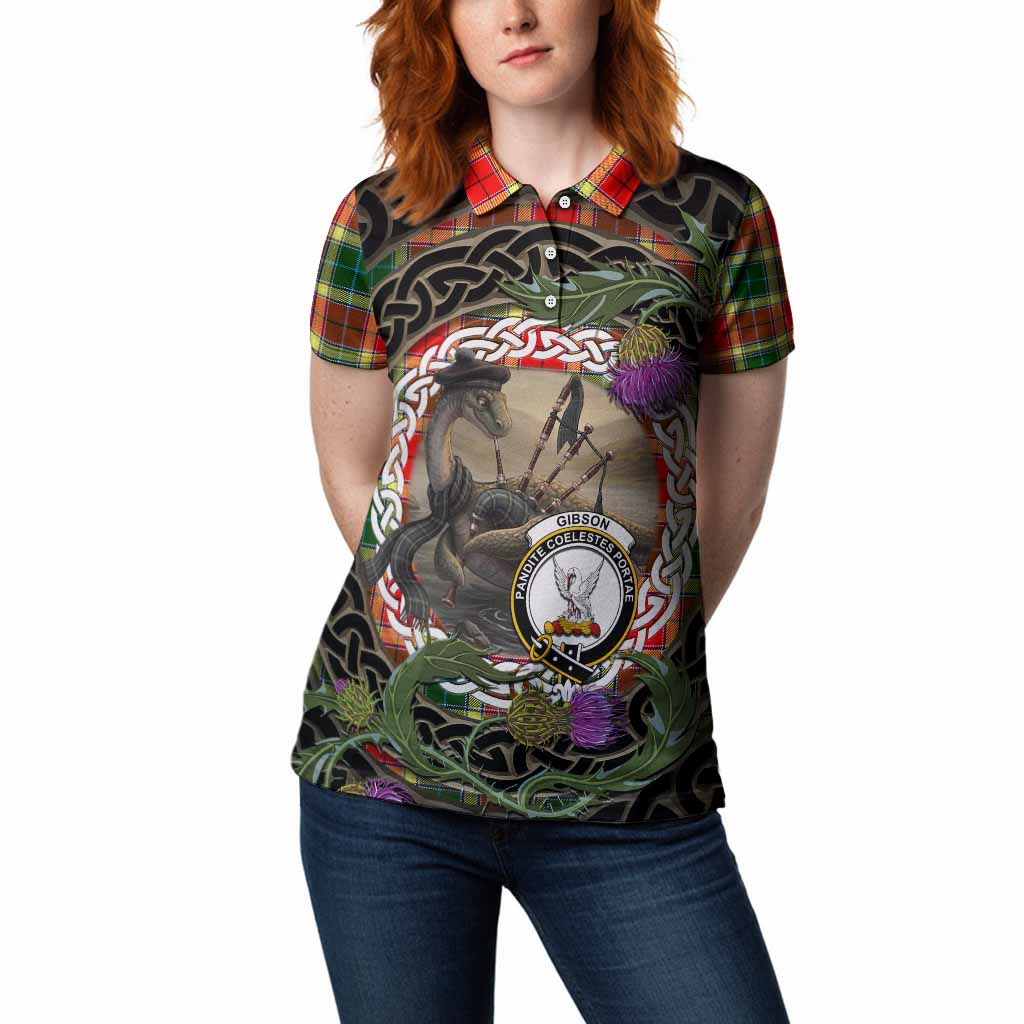 Gibson (Gibbs or Gibsone) Tartan Crest Bagpipe Nessie Women Polo Shirt Scottish Loch Ness Monster Celtic Thistle