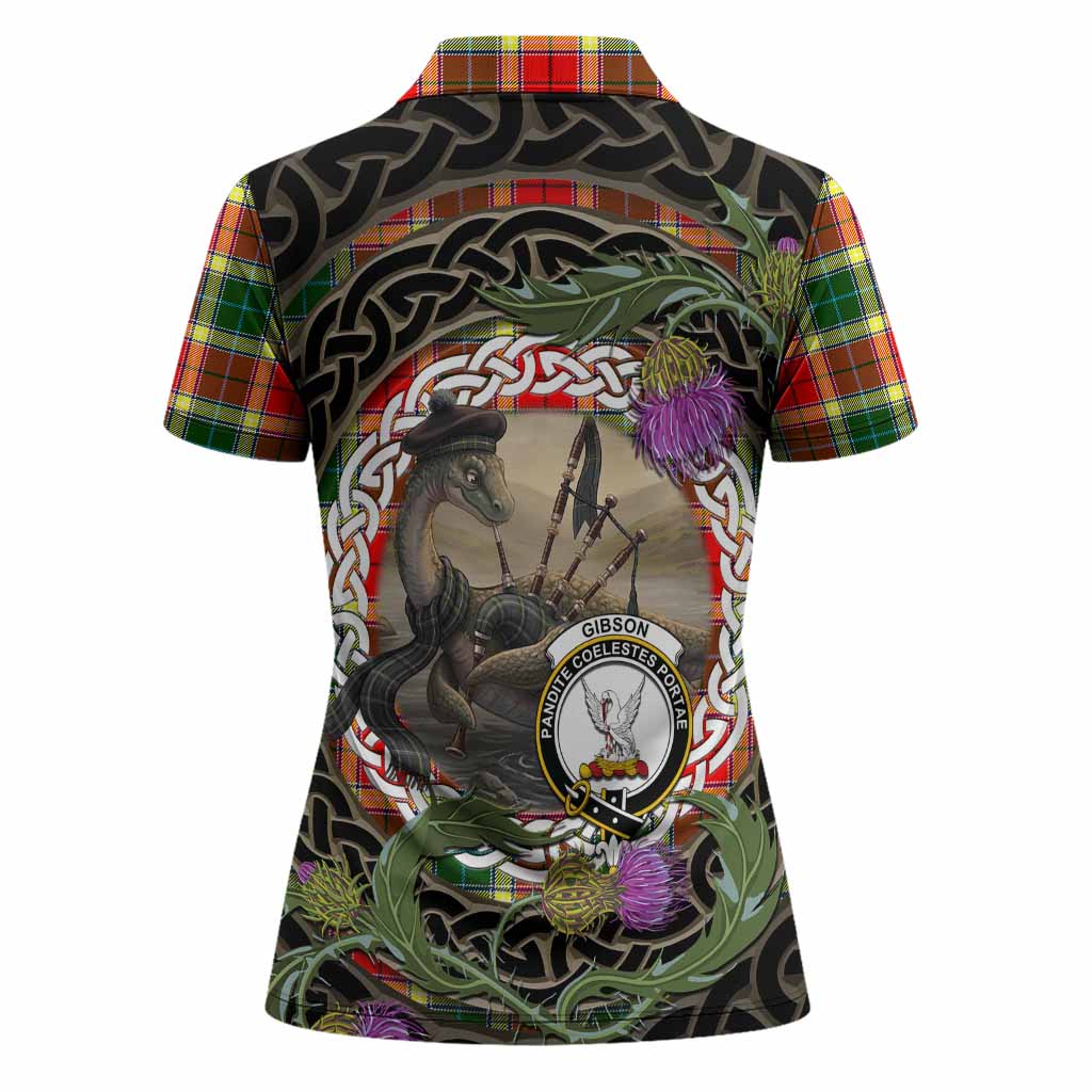 Gibson (Gibbs or Gibsone) Tartan Crest Bagpipe Nessie Women Polo Shirt Scottish Loch Ness Monster Celtic Thistle