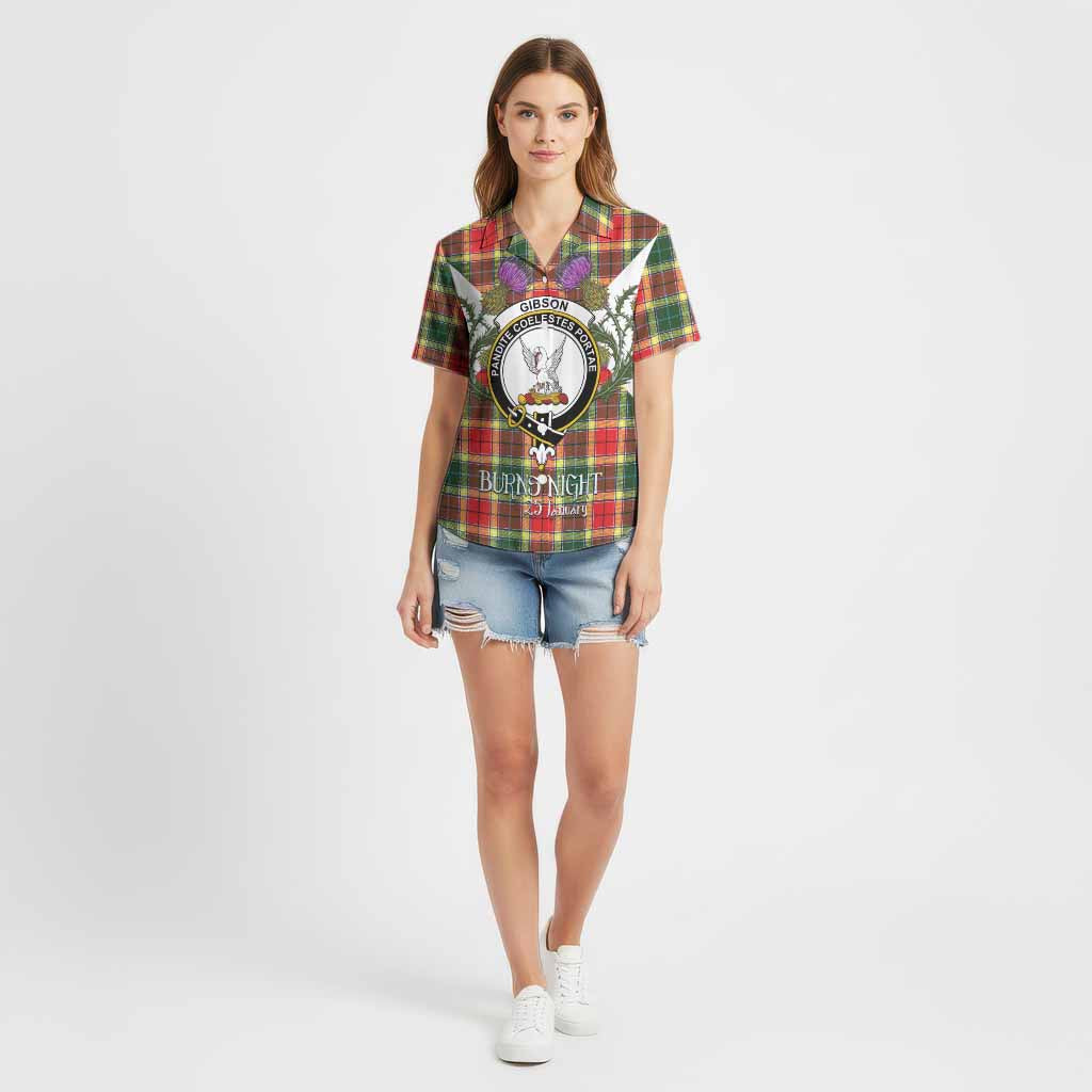 Gibson (Gibbs or Gibsone) Tartan Family Crest Cotton Hawaiian Shirt Scottish Burns Night Thistle Floral