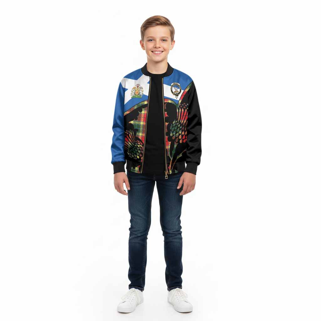 Gibson (Gibbs or Gibsone) Tartan Family Crest Kid Bomber Jacket Scotland Thistle Floral Flag Style
