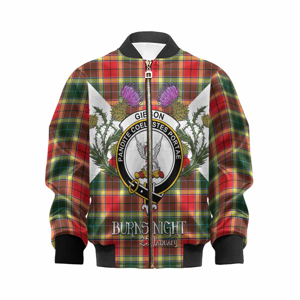 Gibson (Gibbs or Gibsone) Tartan Family Crest Kid Bomber Jacket Scottish Burns Night Thistle Floral