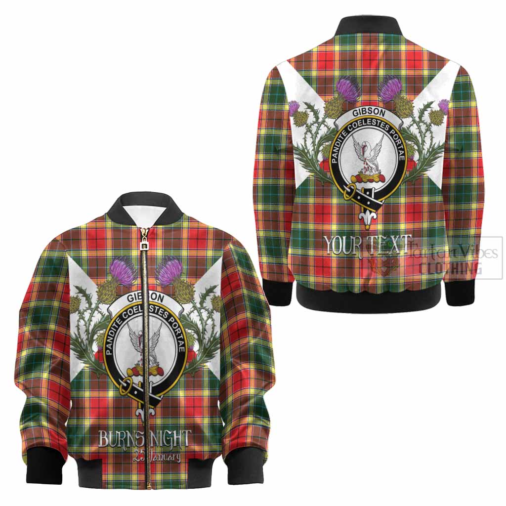 Gibson (Gibbs or Gibsone) Tartan Family Crest Kid Bomber Jacket Scottish Burns Night Thistle Floral