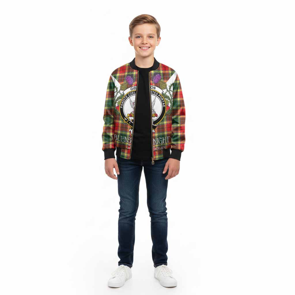 Gibson (Gibbs or Gibsone) Tartan Family Crest Kid Bomber Jacket Scottish Burns Night Thistle Floral