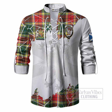Gibson (Gibbs or Gibsone) Tartan Ghillie Shirt with Family Crest and Lion Rampant Grunge Style