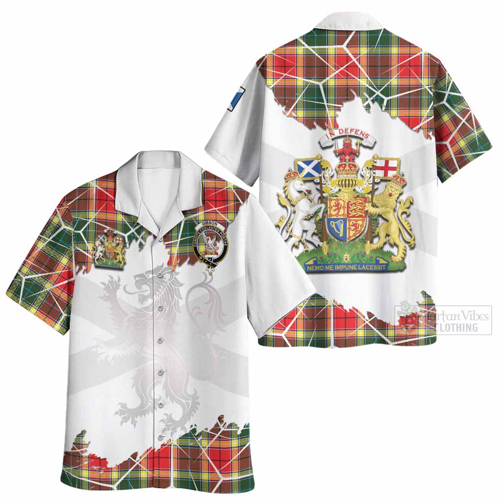 Gibson (Gibbs or Gibsone) Tartan Hawaiian Shirt with Family Crest and Lion Rampant Grunge Style