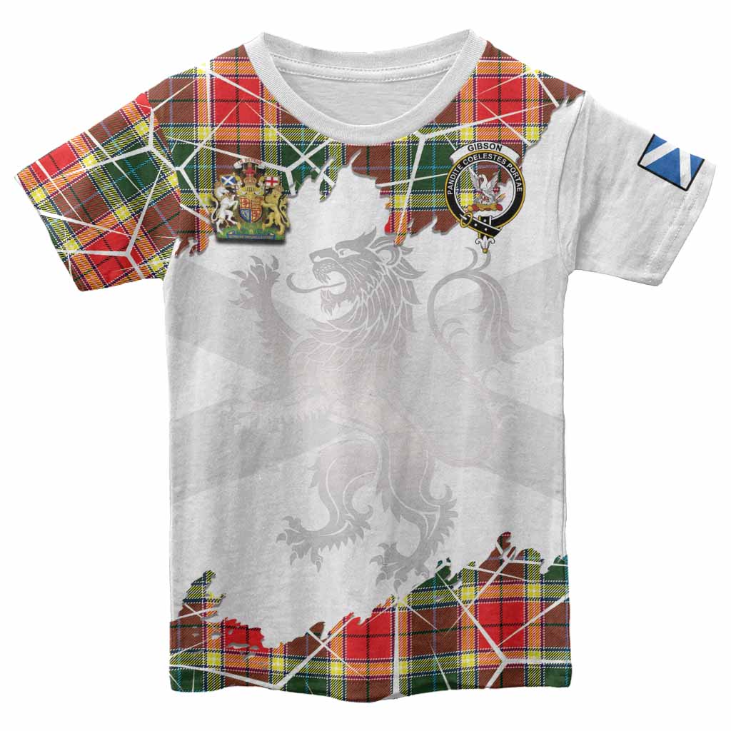 Gibson (Gibbs or Gibsone) Tartan Kid T-shirt with Family Crest and Lion Rampant Grunge Style