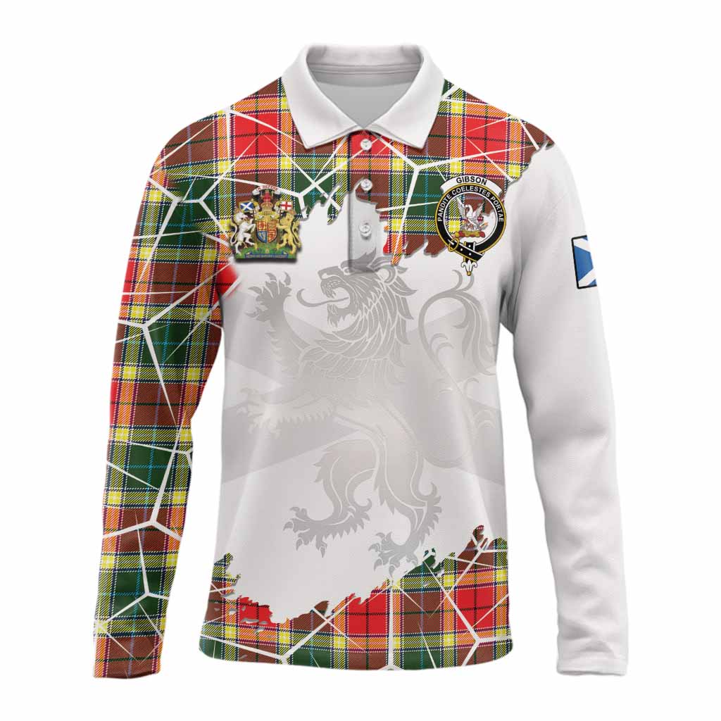 Gibson (Gibbs or Gibsone) Tartan Long Sleeve Polo Shirt with Family Crest and Lion Rampant Grunge Style