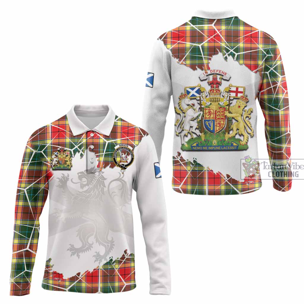 Gibson (Gibbs or Gibsone) Tartan Long Sleeve Polo Shirt with Family Crest and Lion Rampant Grunge Style