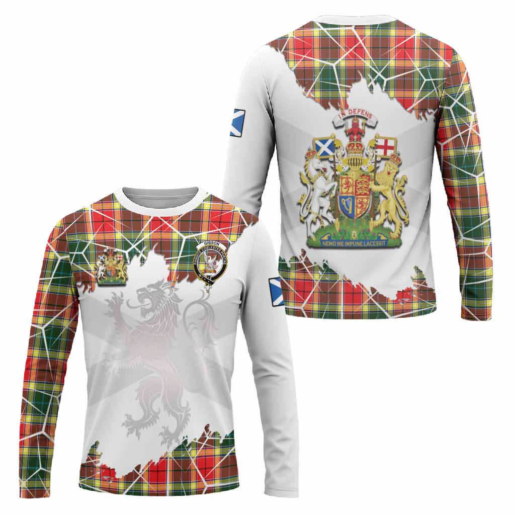 Gibson (Gibbs or Gibsone) Tartan Long Sleeve T-Shirt with Family Crest and Lion Rampant Grunge Style