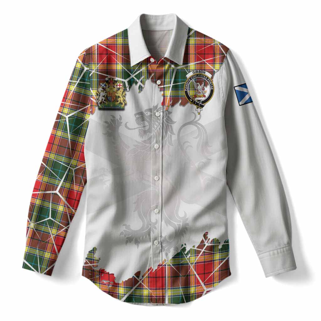 Gibson (Gibbs or Gibsone) Tartan Women Casual Shirt with Family Crest and Lion Rampant Grunge Style