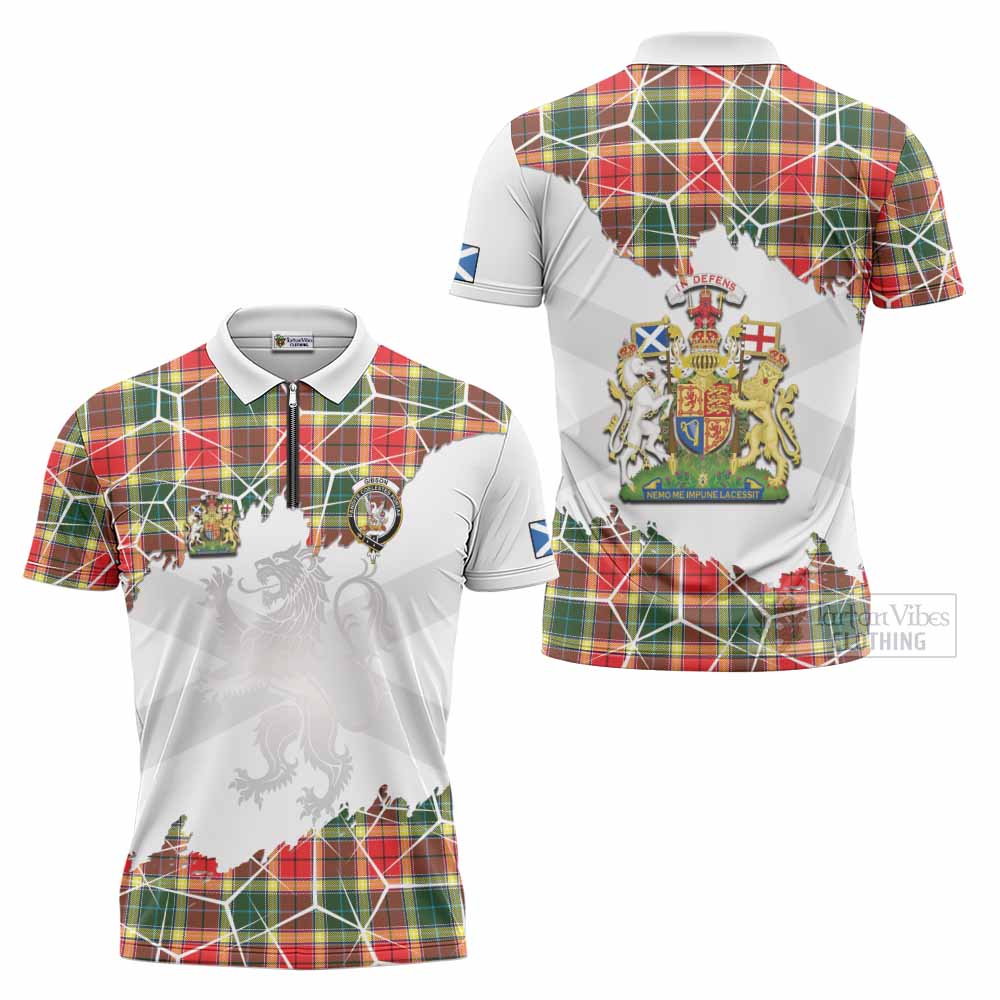 Gibson (Gibbs or Gibsone) Tartan Zipper Polo Shirt with Family Crest and Lion Rampant Grunge Style