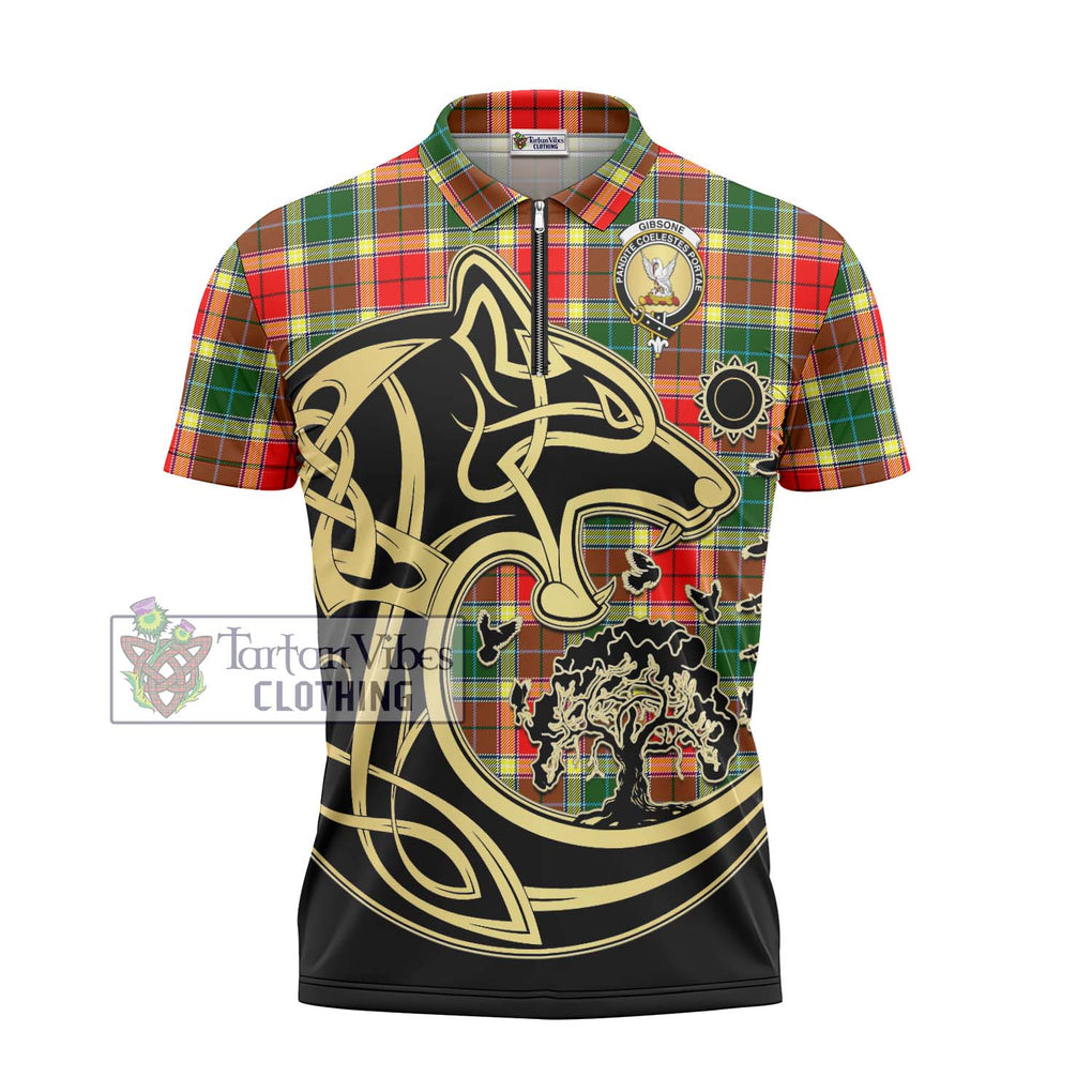 Gibsone Tartan Zipper Polo Shirt with Family Crest Celtic Wolf Style - Tartanvibesclothing Shop