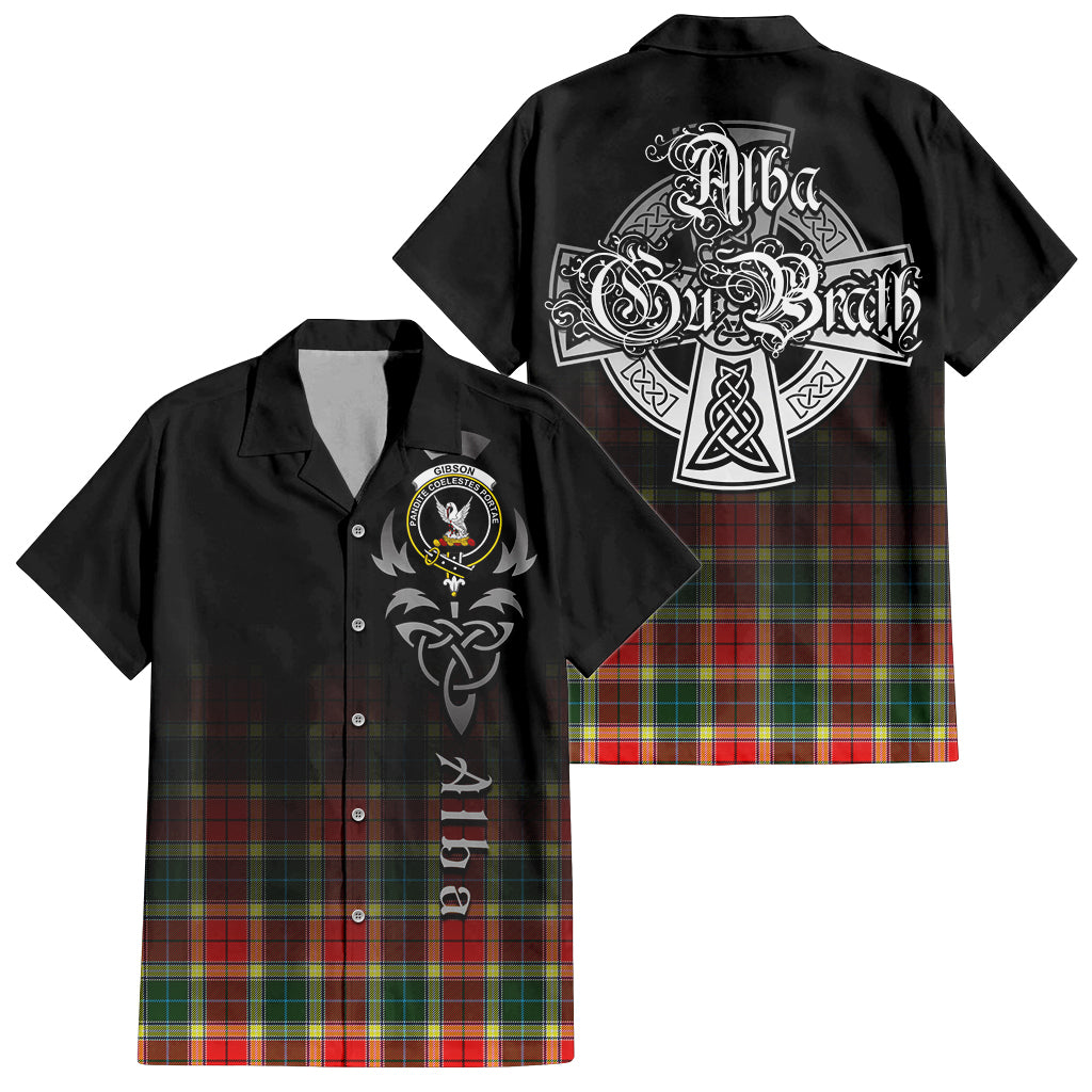 Tartan Vibes Clothing Gibsone (Gibson-Gibbs) Tartan Short Sleeve Button Up Featuring Alba Gu Brath Family Crest Celtic Inspired