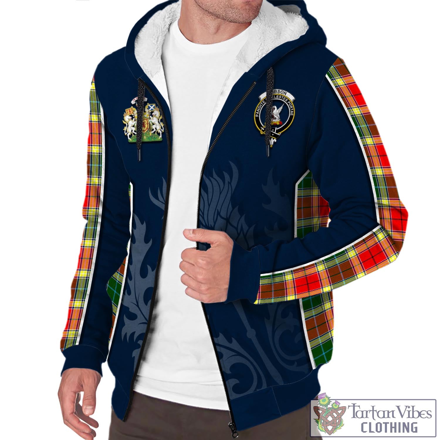 Tartan Vibes Clothing Gibsone (Gibson-Gibbs) Tartan Sherpa Hoodie with Family Crest and Scottish Thistle Vibes Sport Style