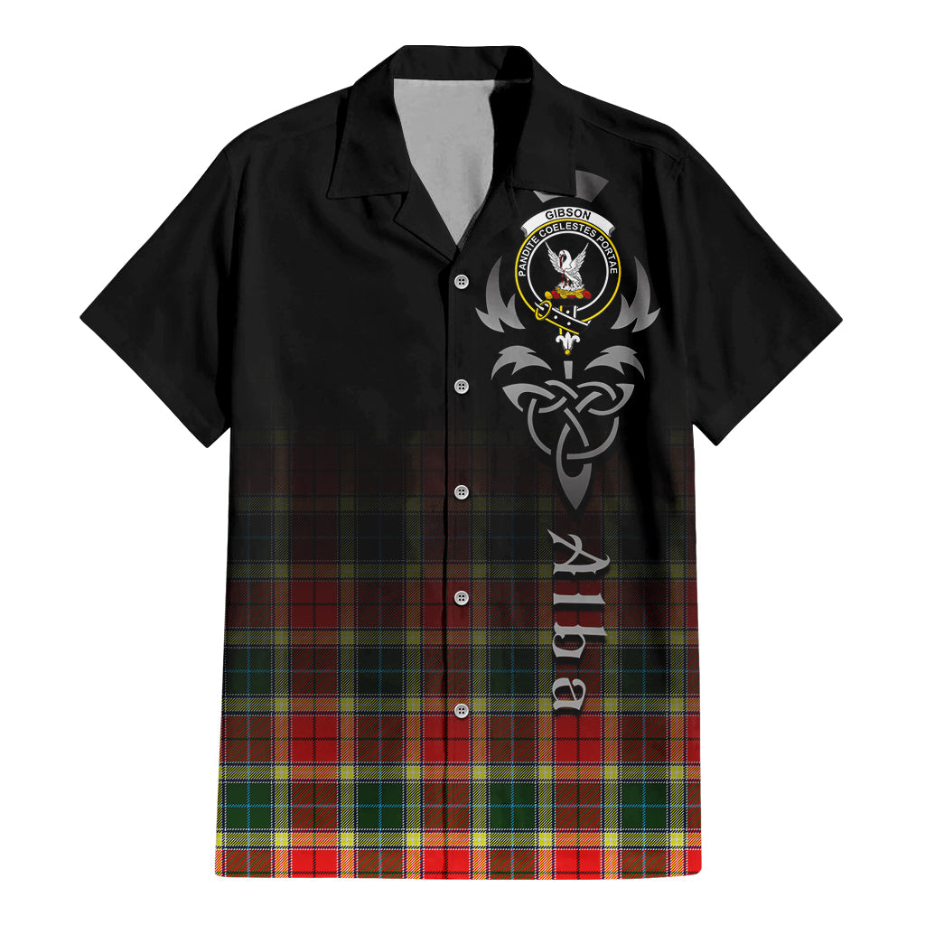 Tartan Vibes Clothing Gibsone (Gibson-Gibbs) Tartan Short Sleeve Button Up Featuring Alba Gu Brath Family Crest Celtic Inspired