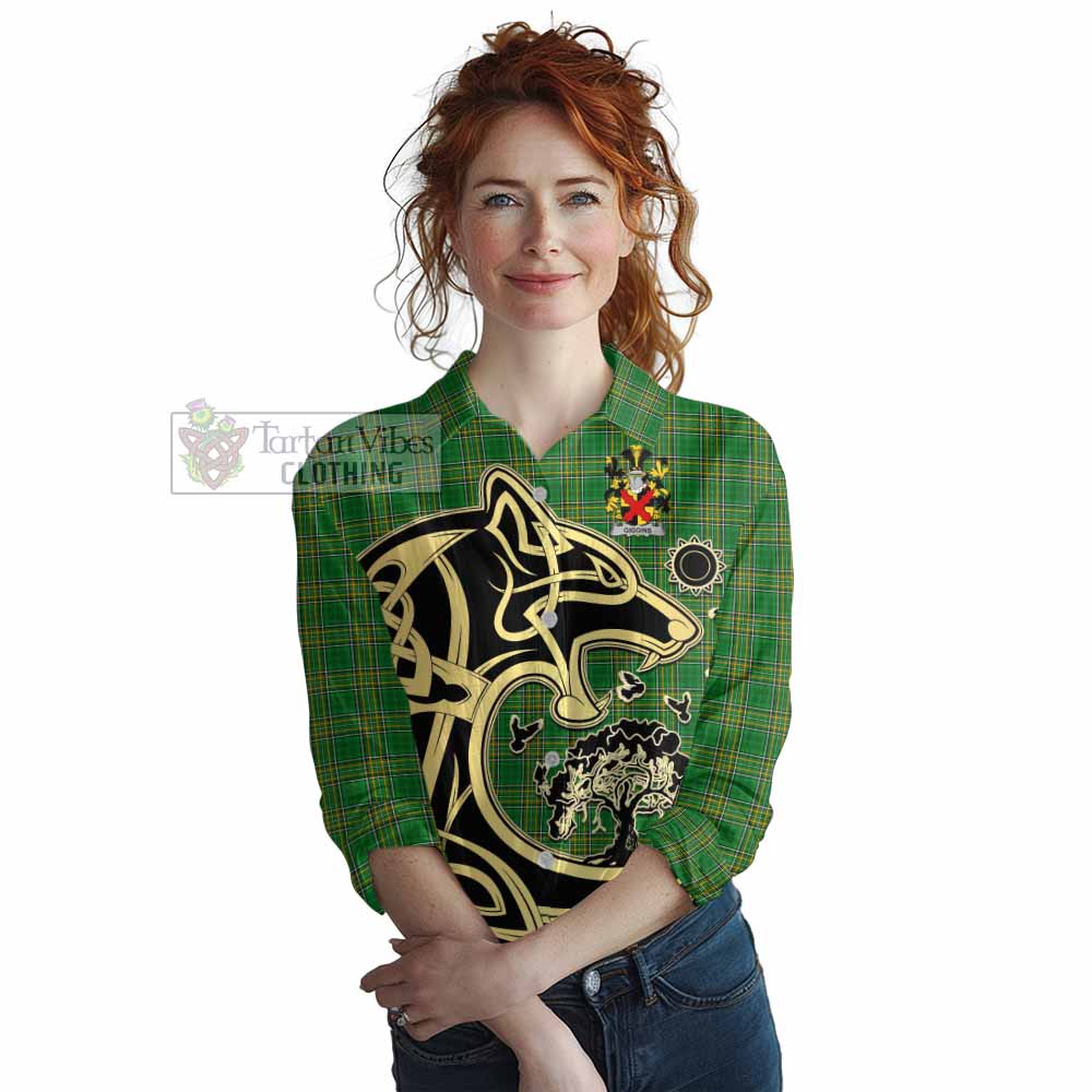 Tartan Vibes Clothing Giggins Irish Tartan Women's Casual Shirt with Coat of Arms Celtic Wolf Style