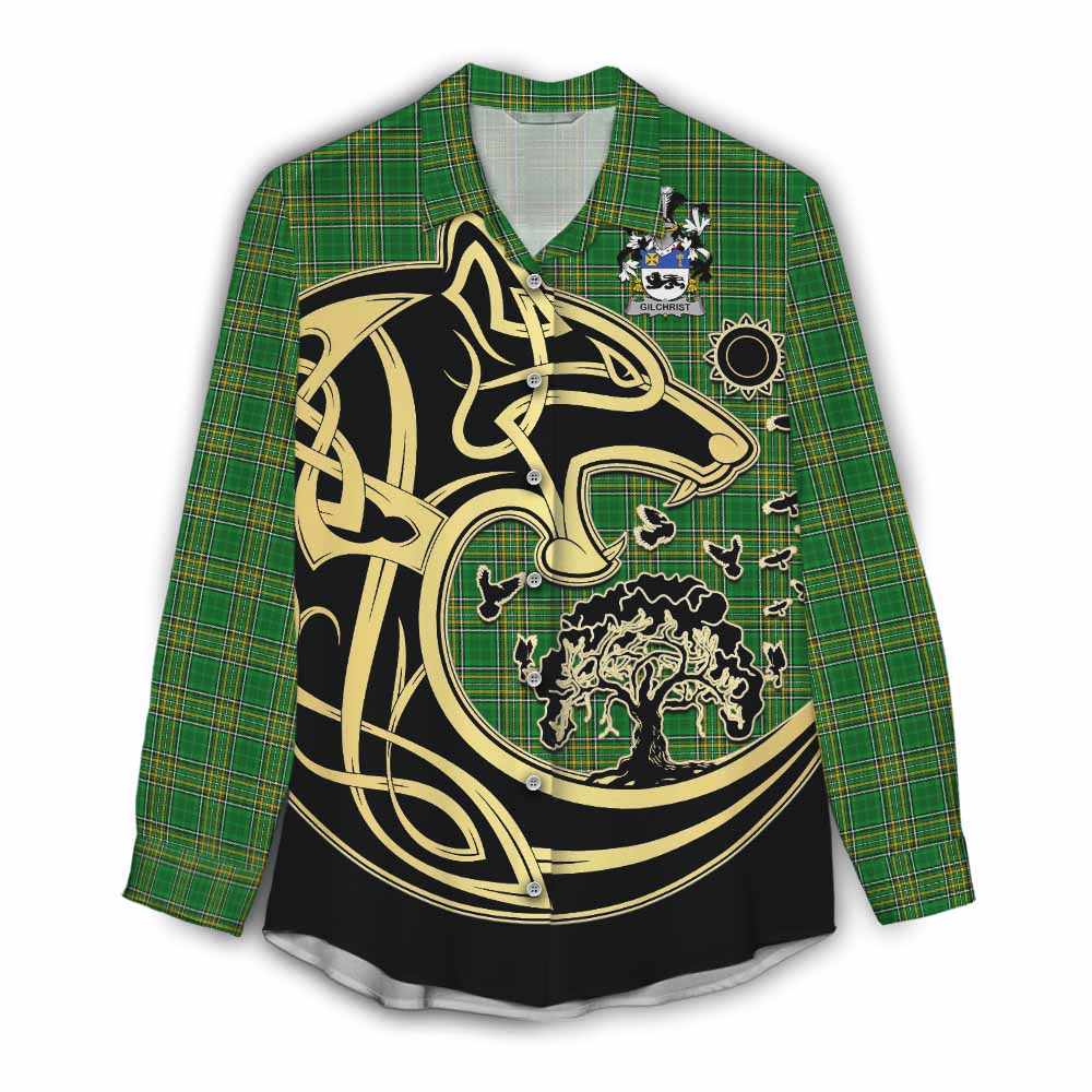 Tartan Vibes Clothing Gilchrist Irish Tartan Women's Casual Shirt with Coat of Arms Celtic Wolf Style