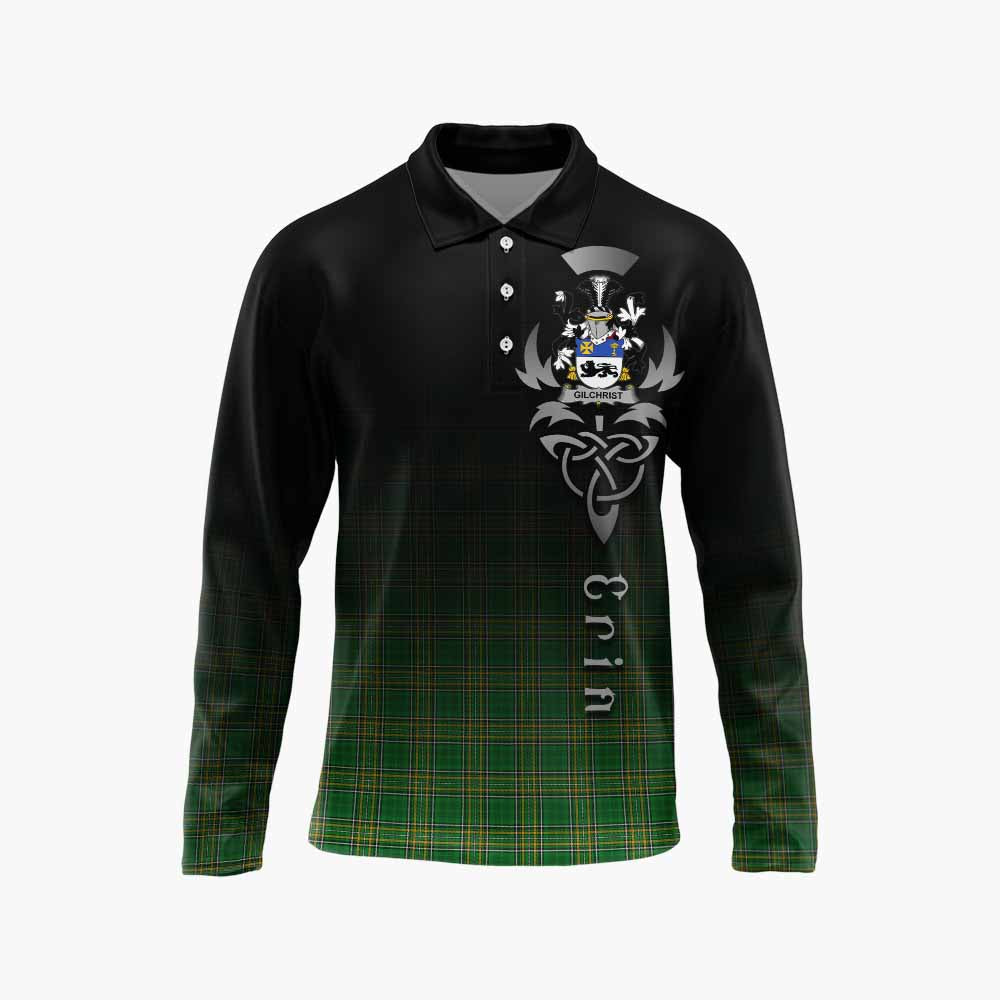 Tartan Vibes Clothing Gilchrist Irish Clan Long Sleeve Polo Shirt with Coat of Arms Erin Go Bragh Celtic Inspired