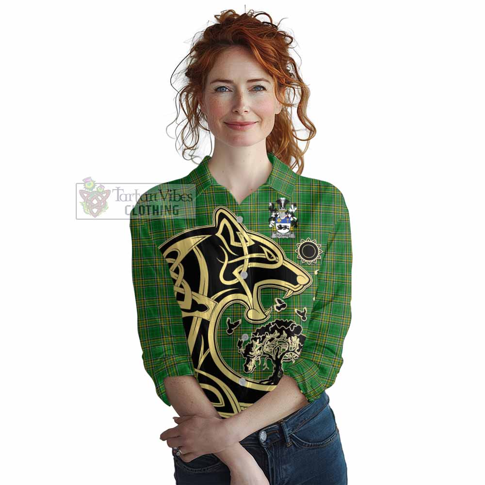 Tartan Vibes Clothing Gilchrist Irish Tartan Women's Casual Shirt with Coat of Arms Celtic Wolf Style