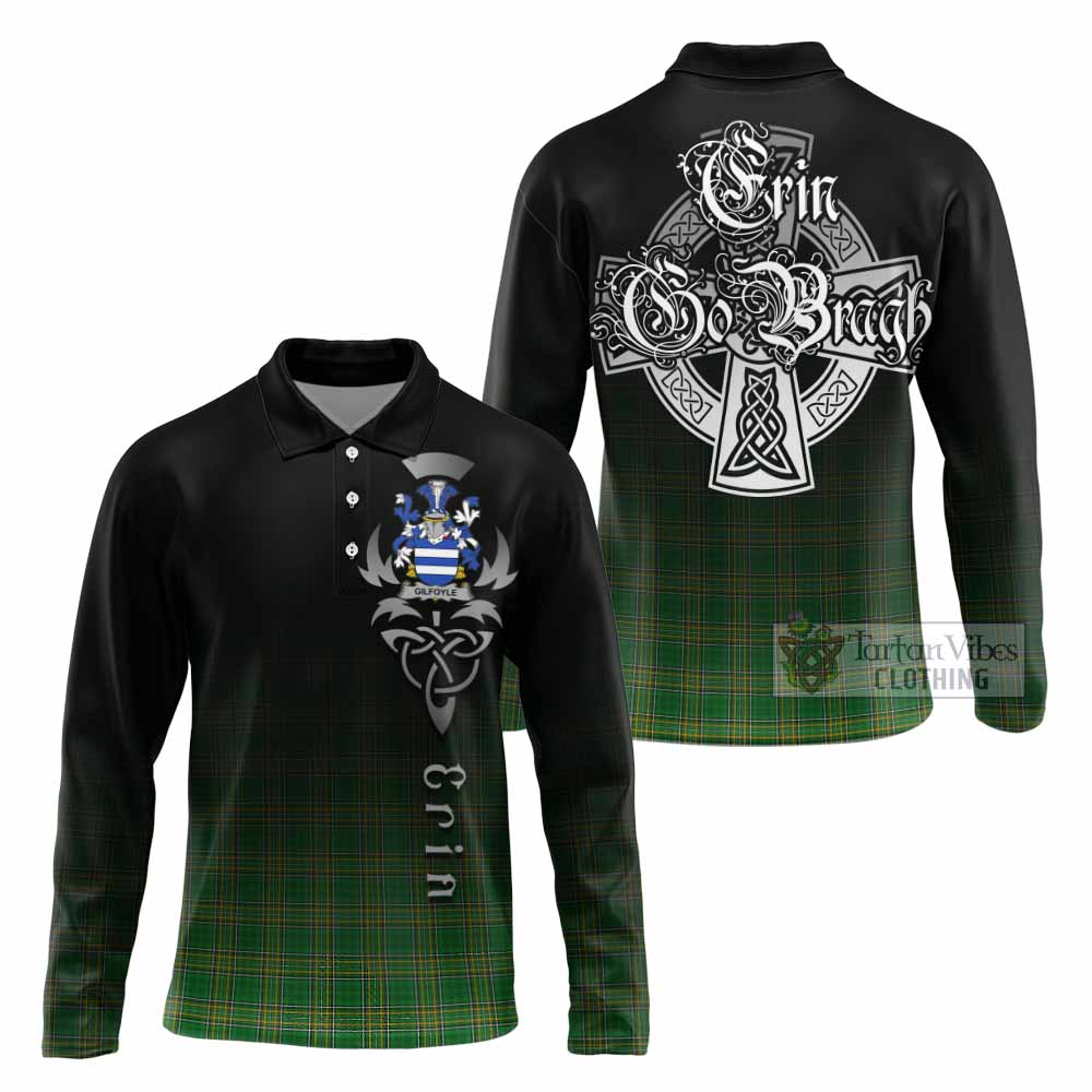 Tartan Vibes Clothing Gilfoyle Irish Clan Long Sleeve Polo Shirt with Coat of Arms Erin Go Bragh Celtic Inspired