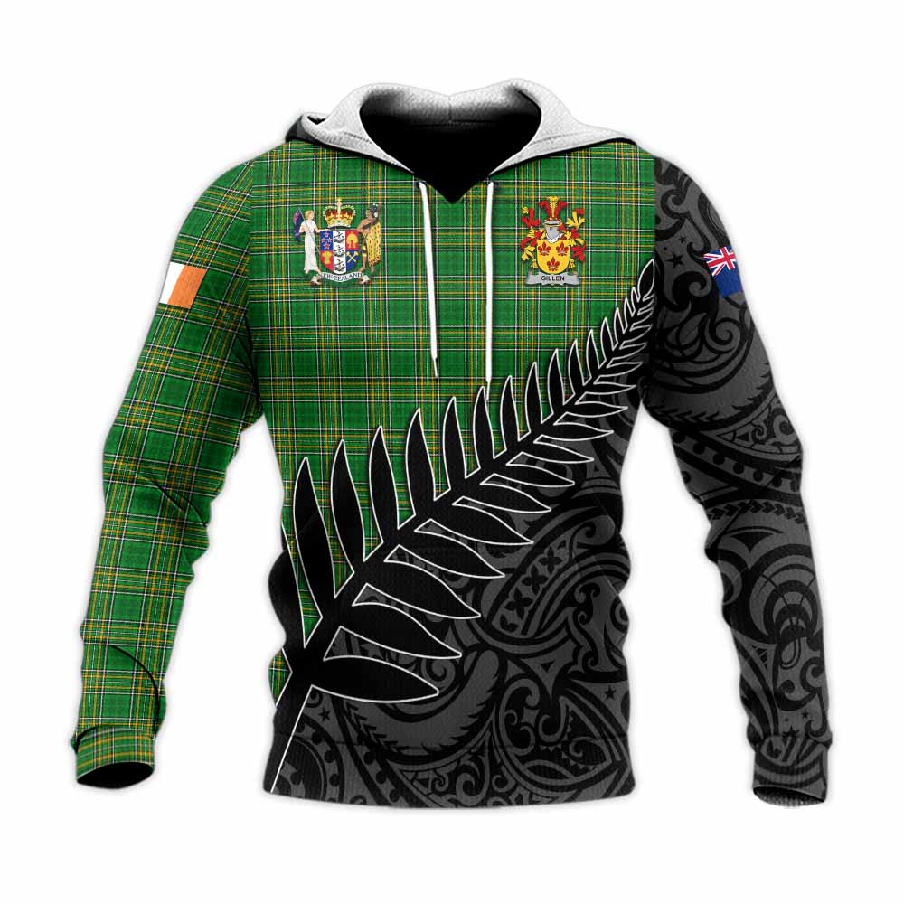 Tartan Vibes Clothing Gillen Irish Clan Tartan Knitted Hoodie with Coat of Arms New Zealand Silver Fern Half Style
