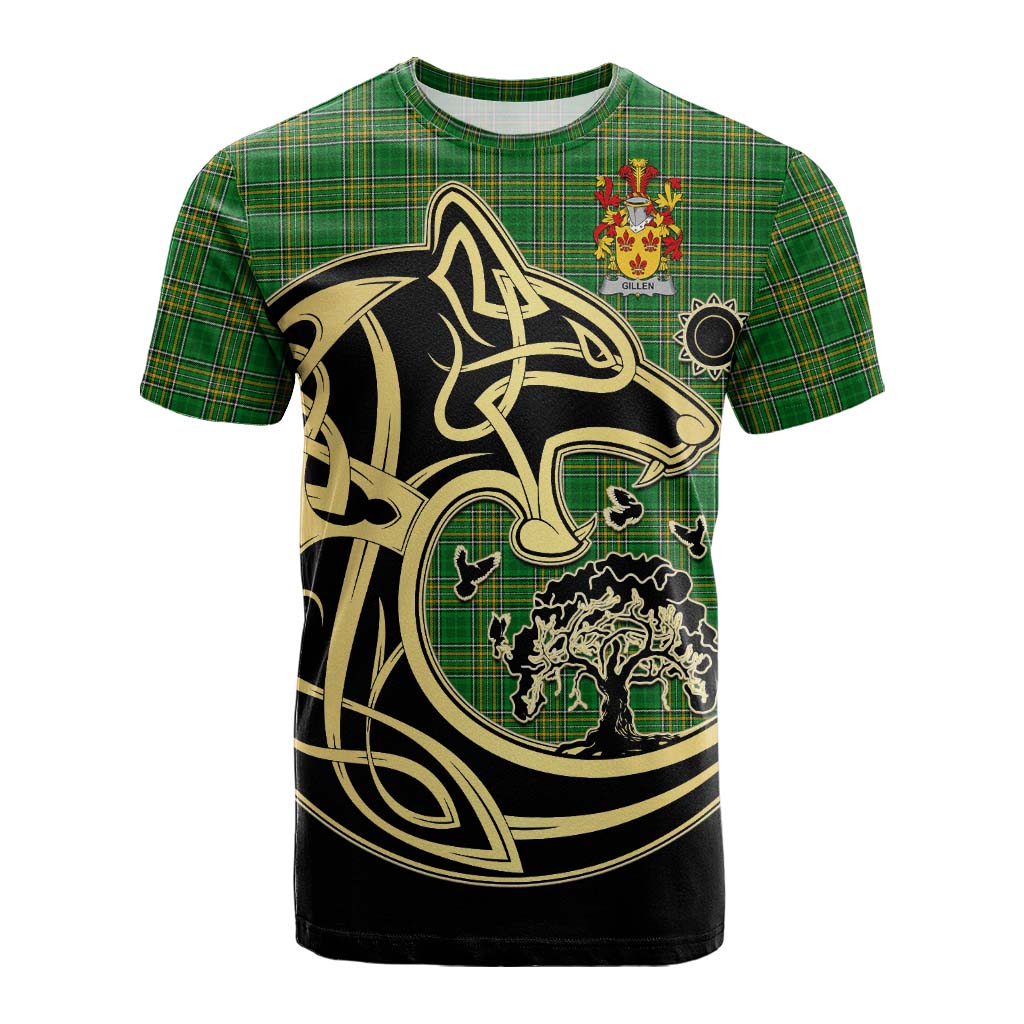 Tartan Vibes Clothing Gillen Irish Tartan Cotton T-shirt with Coat of Arms Celtic Wolf Style