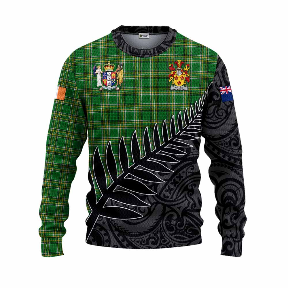 Tartan Vibes Clothing Gillen Irish Clan Tartan Knitted Sweater with Coat of Arms New Zealand Silver Fern Half Style