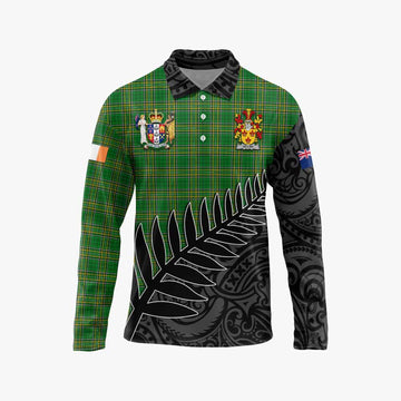 Tartan Vibes Clothing Gillen Irish Clan Tartan Long Sleeve Polo Shirt with Coat of Arms New Zealand Silver Fern Half Style