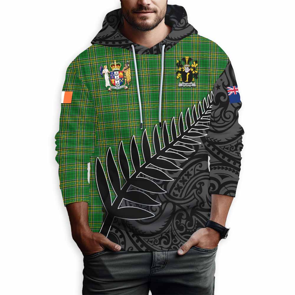 Tartan Vibes Clothing Gillman Irish Clan Tartan Hoodie with Coat of Arms New Zealand Silver Fern Half Style