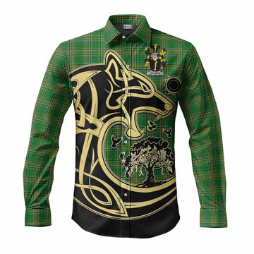 Tartan Vibes Clothing Gillman Irish Tartan Long Sleeve Button Shirt with Coat of Arms Celtic Wolf Style