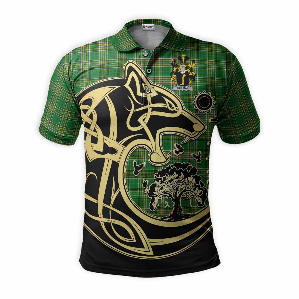 Tartan Vibes Clothing Gillman Irish Tartan Polo Shirt with Coat of Arms Celtic Wolf Style