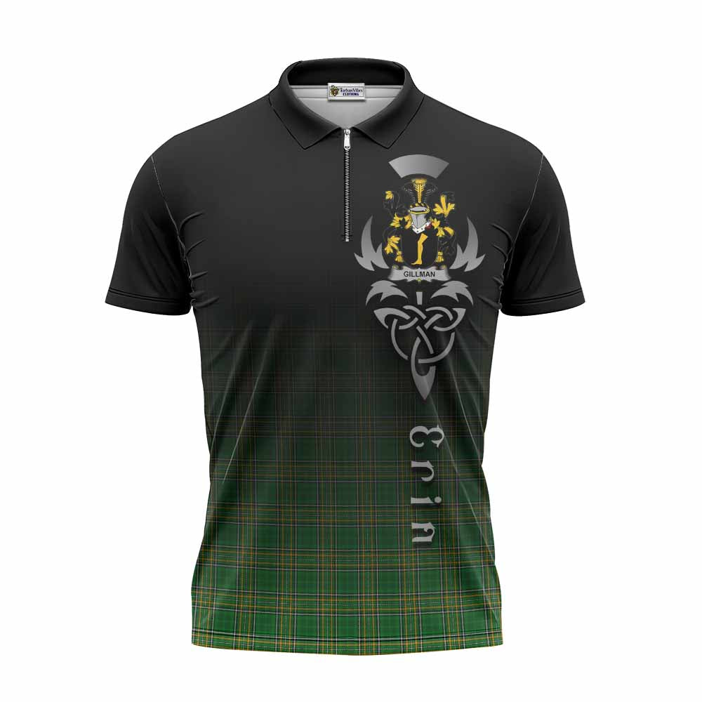 Tartan Vibes Clothing Gillman Irish Clan Zipper Polo Shirt with Coat of Arms Erin Go Bragh Celtic Inspired