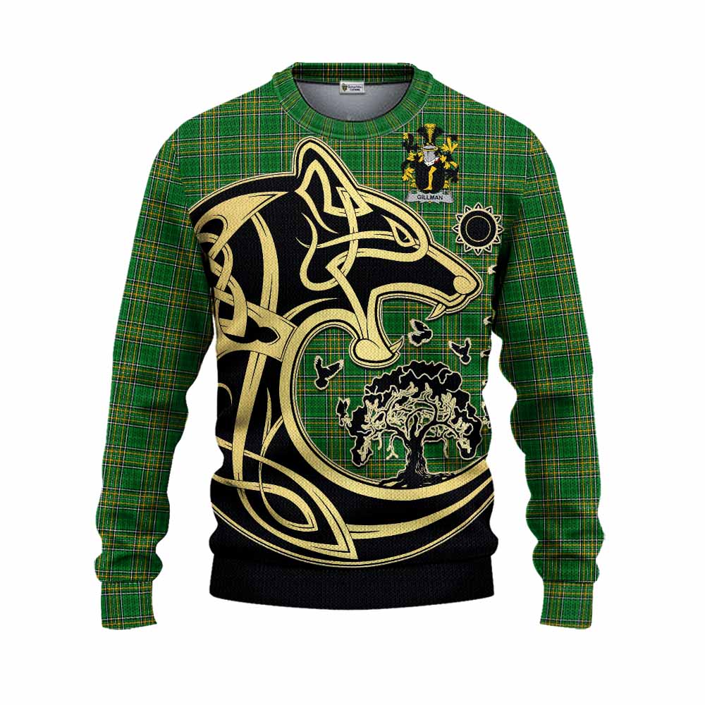 Gillman Irish Tartan Knitted Sweater with Coat of Arms Celtic Wolf Style Unisex - Tartan Vibes Clothing