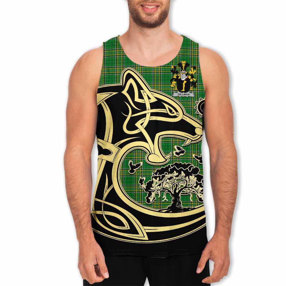 Tartan Vibes Clothing Gillman Irish Tartan Men's Tank Top with Coat of Arms Celtic Wolf Style