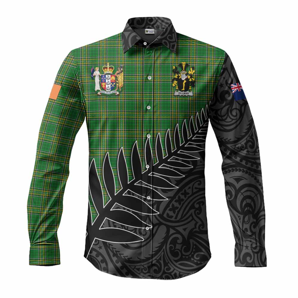 Tartan Vibes Clothing Gillman Irish Clan Tartan Long Sleeve Button Shirt with Coat of Arms New Zealand Silver Fern Half Style