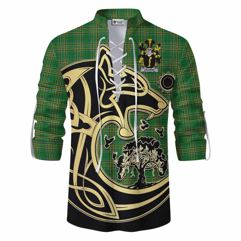 Tartan Vibes Clothing Gillman Irish Tartan Ghillie Kilt Shirt with Coat of Arms Celtic Wolf Style