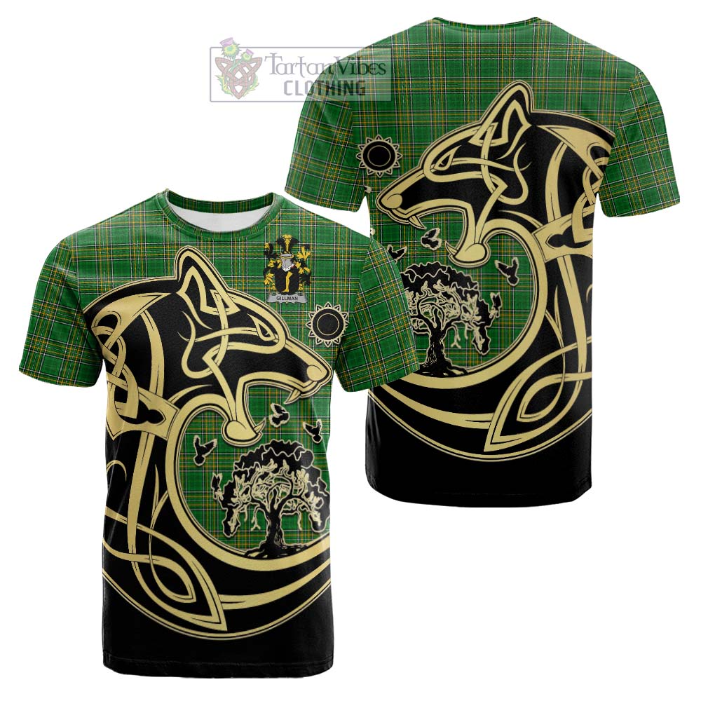 Tartan Vibes Clothing Gillman Irish Tartan Cotton T-shirt with Coat of Arms Celtic Wolf Style