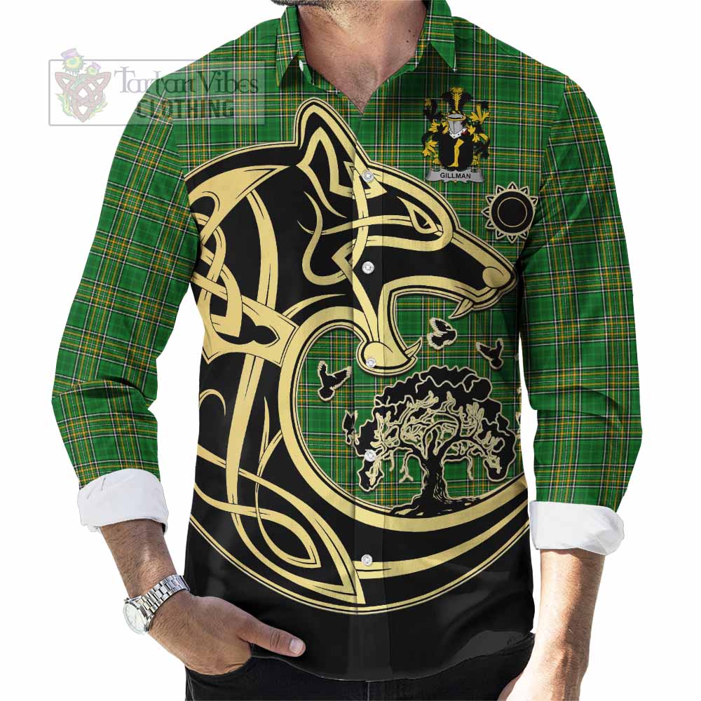 Tartan Vibes Clothing Gillman Irish Tartan Long Sleeve Button Shirt with Coat of Arms Celtic Wolf Style