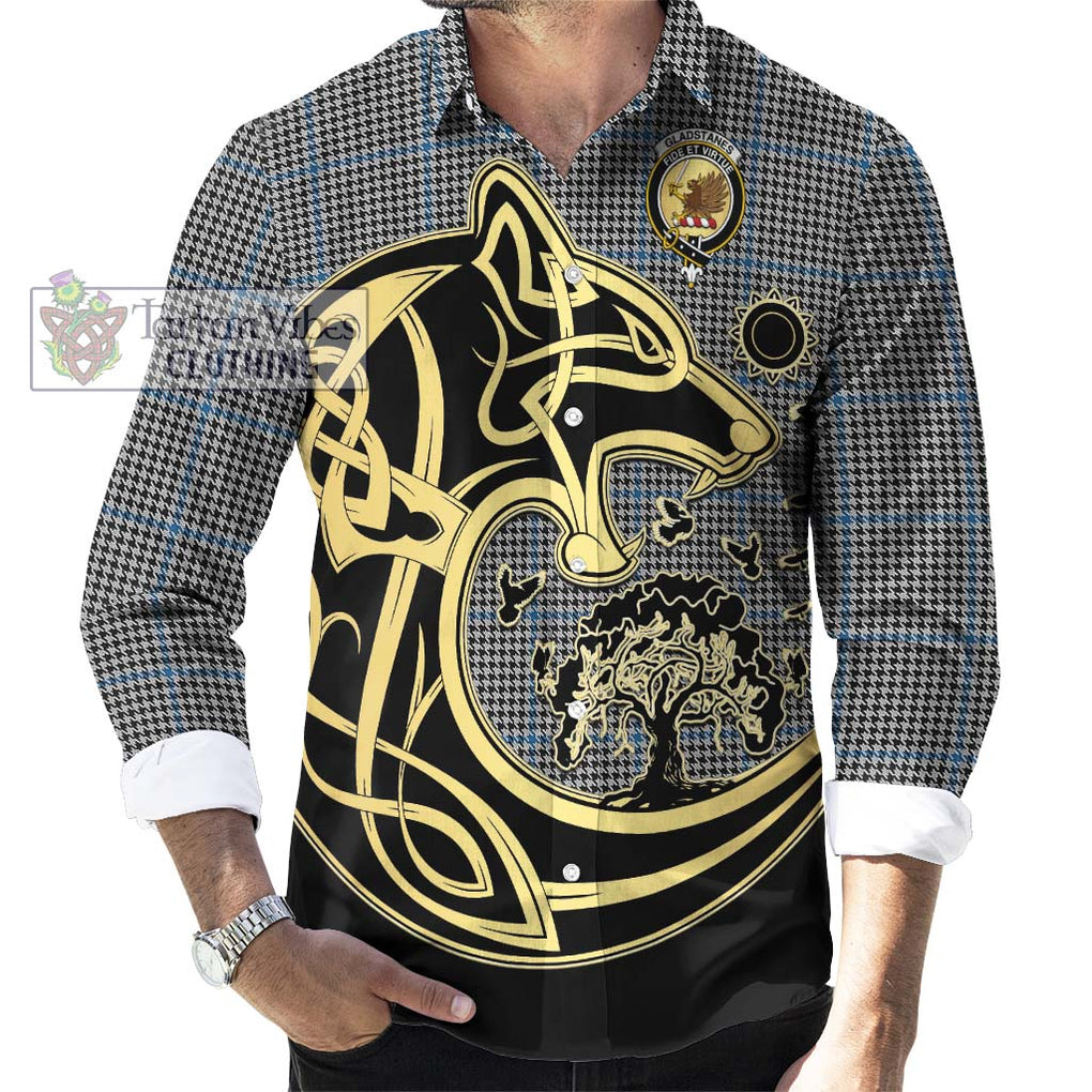 Gladstanes Tartan Long Sleeve Button Shirt with Family Crest Celtic Wolf Style - Tartan Vibes Clothing