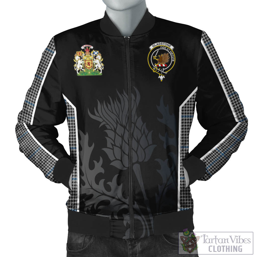 Gladstone Tartan Bomber Jacket with Family Crest and Scottish Thistle Vibes Sport Style Unisex Black - Tartan Vibes Clothing