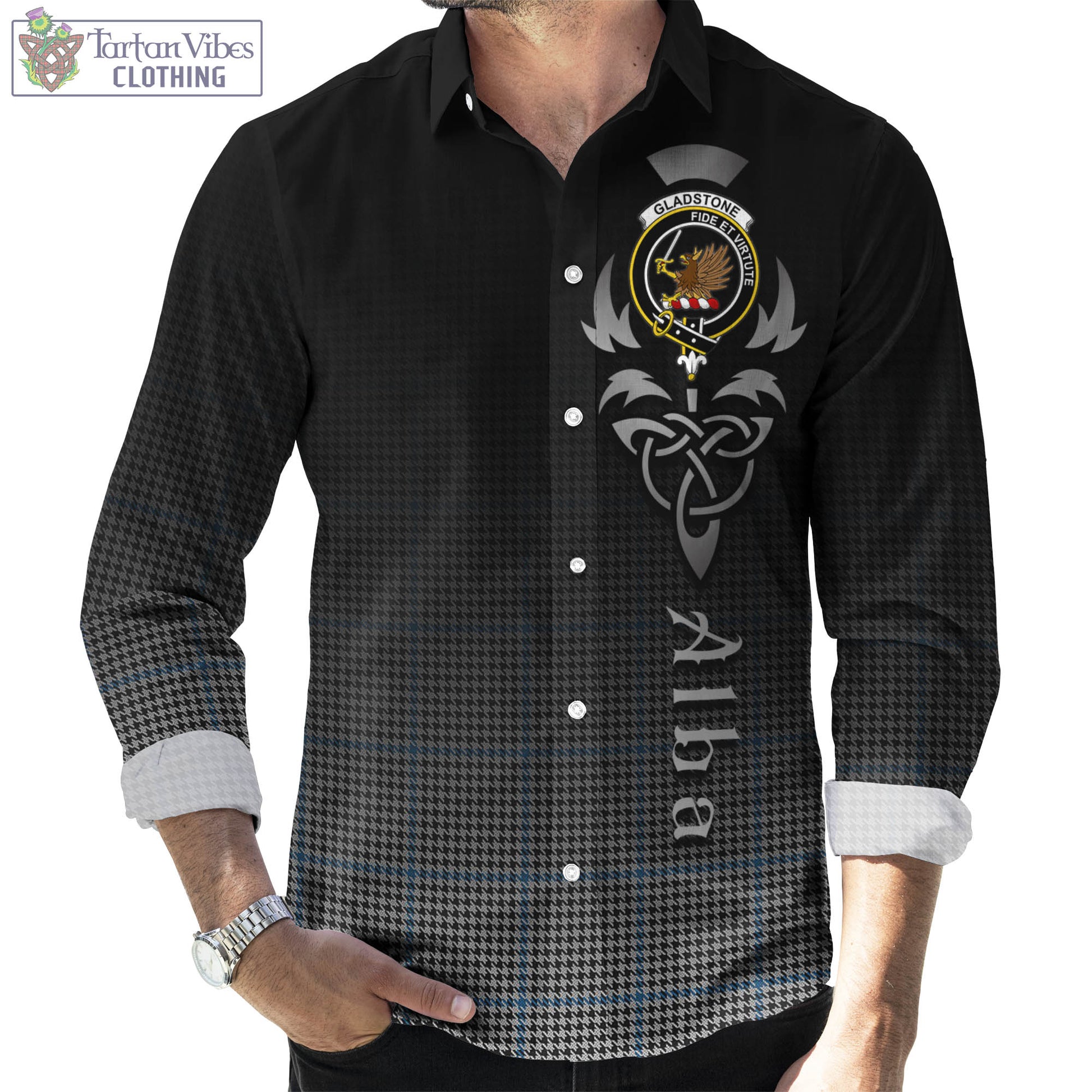 Gladstone Tartan Long Sleeve Button Up Featuring Alba Gu Brath Family Crest Celtic Inspired Men's Shirt - Tartan Vibes Clothing