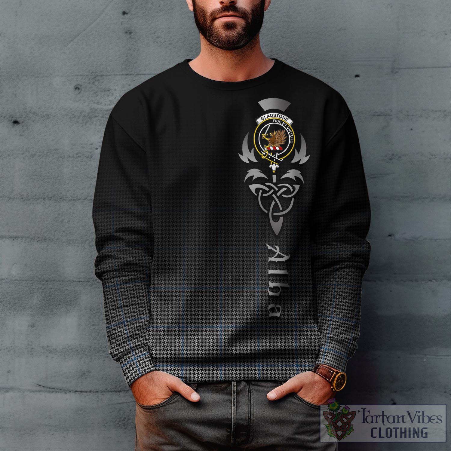 Gladstone Tartan Sweatshirt Featuring Alba Gu Brath Family Crest Celtic Inspired Unisex - Tartan Vibes Clothing