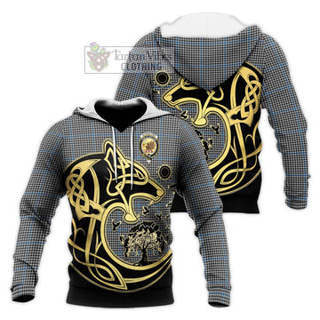 Gladstone Tartan Knitted Hoodie with Family Crest Celtic Wolf Style Unisex Knitted Pullover Hoodie - Tartan Vibes Clothing