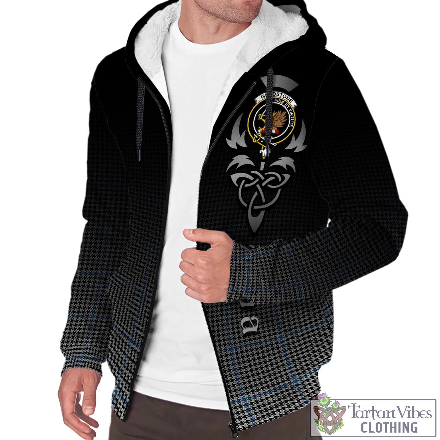 Gladstone Tartan Sherpa Hoodie Featuring Alba Gu Brath Family Crest Celtic Inspired Unisex - Tartan Vibes Clothing
