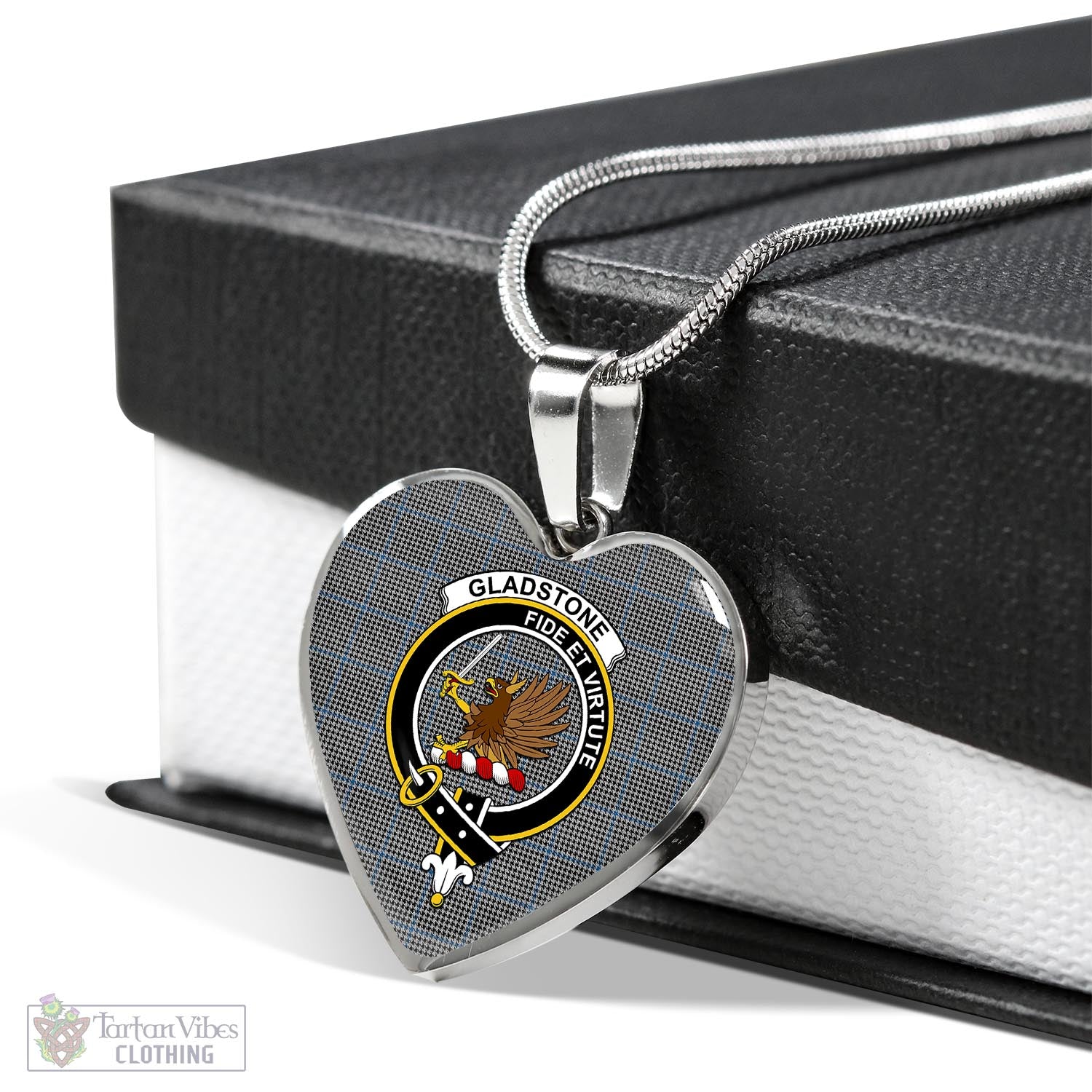 Gladstone Tartan Heart Necklace with Family Crest Luxury Necklace (Silver) No - Tartan Vibes Clothing